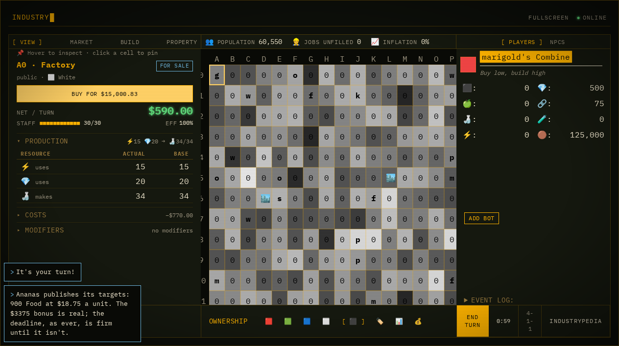 An Industry match: a 16 by 16 map of land and buildings between the action panel and the player list.