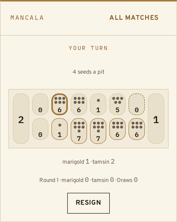A Mancala room: two rows of six pits between two stores, with seeds drawn in each pit.
