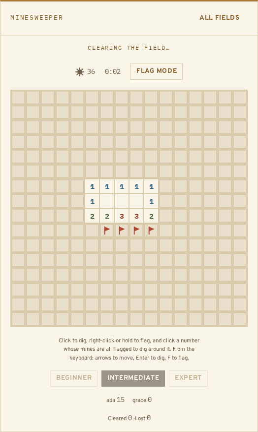 A Minesweeper room: a field part cleared, with numbers, flags, the mines left and the clock.